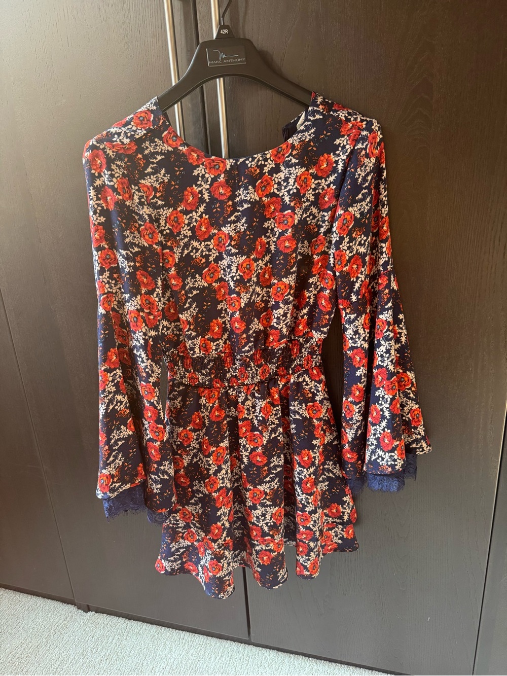 Altar'd State Navy Floral Long-Sleeve Dress with Red Roses • XS